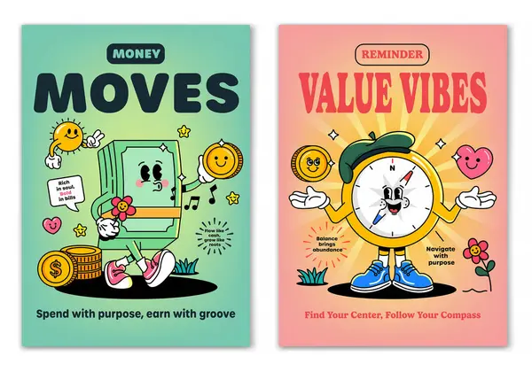 Retro çizgi film gülümseyen unsurlar ve motivasyon harfleri ile çevrili bir yığın para ve pusula maskotu karakter gülümsedi. Tişört baskısı ya da poster tasarımı için resim. Vektör illüstrasyonu