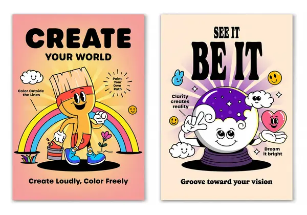 Retro karikatür Mutlu Boya Fırçası ve Kristal Top maskotu karakterinin etrafında gülümseyen elementler ve motivasyon harfleri vardı. Tişört baskısı ya da poster tasarımı için resim. Vektör illüstrasyonu