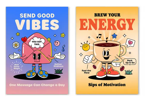 Retro çizgi film, gülümseyen unsurlar ve motivasyon harfleriyle çevrili Zarf ve Kahve Maskotu karakterine gülümsedi. Tişört baskısı ya da poster tasarımı için resim. Vektör illüstrasyonu