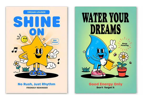 Retro çizgi film, Golden Star ve Watter 'ın gülümseyen elementler ve motivasyon harfleriyle çevrili maskot karakterlerine gülümsedi. Tişört baskısı ya da poster tasarımı için resim. Vektör illüstrasyonu