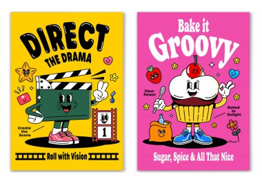 Renkli vektör illüstrasyon seti neşeli bir fırıncı ve çizgi film tarzında vizyoner bir yönetmenin yer aldığı. Posterler, eğitim, kariyer konuları ve yaratıcı projeler için mükemmel..