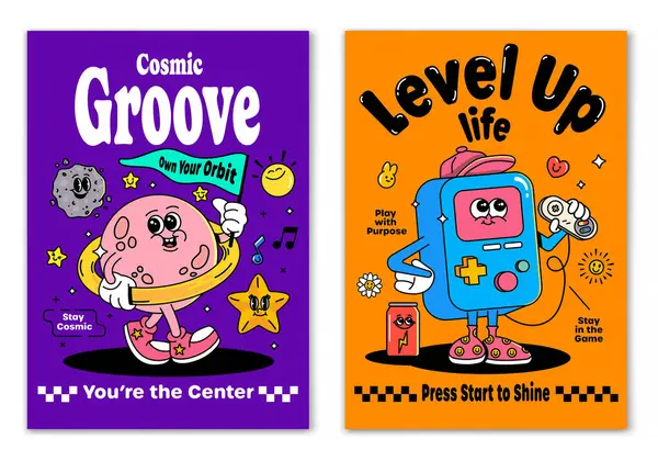 Fiyakalı bir oyun kontrolörünün ve bayrağı olan havalı bir gezegenin olduğu canlı bir poster seti. Büyük hayaller kurmak ve hayatı düzene sokmak için eğlenceli bir övgü. Retro sanatseverler ve yaratıcı iç mekanlar için mükemmel. Vektör illüstrasyonu