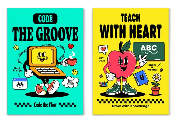 Renkli vektör illüstrasyon seti neşeli bir dizüstü bilgisayar ve havalı çizgi film tarzında vizyoner bir öğretmen içeriyor. Posterler, eğitim, kariyer konuları ve yaratıcı projeler için mükemmel..