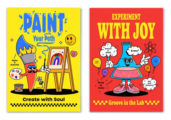 Tutkulu bir sanatçı ve yaratıcı bir bilim adamının yer aldığı canlı, havalı meslek posterleri. Kalın renklerle, anlamlı karakterlerle ve acayip detaylarla retro karikatür tarzında dizayn edildi. Eğitimsel içerik, kariyer ilhamı ya da