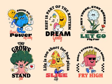 Eski tarz maskot karakterli harika bir çizgi film demeti: Dünya gezegeni, ay, karahindiba, ağaç, pizza dilimi ve patates kızartması. Neşelendirici alıntılar, kalın renkler, 90 'ların eğlenceli havası. Çıkartmalar ve giysiler için mükemmel.