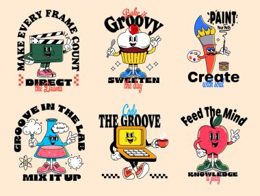 Motivasyon kaynaklı eski alıntıları, renkli vektör karakterleri olan harika çizgi film maskotları. Posterler, çıkartmalar, tişörtler, sosyal medya, markalaşma, çocuklar, yaşam tarzı projeleri için mükemmel.