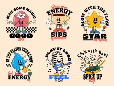 Olumlu sloganları olan renkli çizgi film karakterleri. Yıldız, su damlası, kahve, mektup, mikrofon ve eğlenceli motivasyon enerjili tavayı içerir. Çıkartmalar, posterler, kıyafetler için mükemmel.