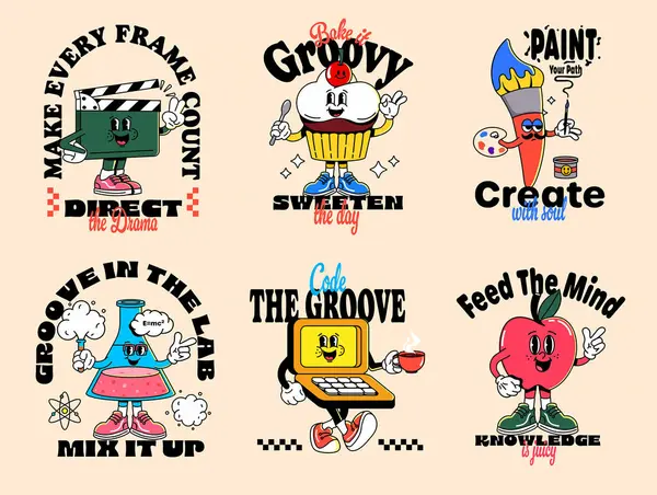 Motivasyon kaynaklı eski alıntıları, renkli vektör karakterleri olan harika çizgi film maskotları. Posterler, çıkartmalar, tişörtler, sosyal medya, markalaşma, çocuklar, yaşam tarzı projeleri için mükemmel.