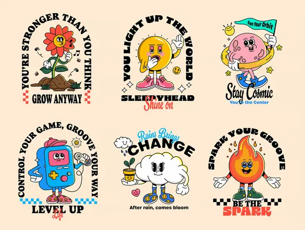Motivasyon kaynaklı eski alıntıları, renkli vektör karakterleri olan harika çizgi film maskotları. Posterler, çıkartmalar, tişörtler, sosyal medya, markalaşma, çocuklar, yaşam tarzı projeleri için mükemmel.