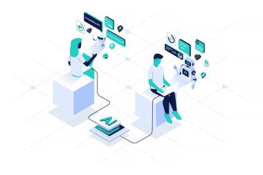 Bir kişinin dijital yapay zeka ilişki koçuyla etkileşime girmesinin modada izometrik bir gösterimi. Sahne, yüzen bir yapay zeka avatarından tablet arayüzü yoluyla flört tavsiyesi alan bir insan karakterini gösteriyor. Çevrimiçi randevu gibi konular için mükemmel, duygusal iz