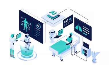 Modern sağlık hizmetlerinde yapay zekanın iztrik vektör sahnesi. Verimli bakım için akıllı tanı, hasta izleme, doktor işbirliği ve tıbbi yapay zeka sistemleri gösterir.