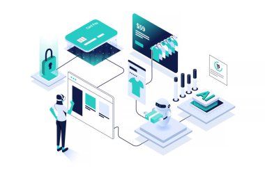 Futuristic isometric illustration showing AI powered online shopping process. Concept includes a virtual shopper interacting with an e-commerce interface, secure card payment, product selection, robotic delivery, data analytics, and cybersecurity ele