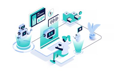 Yapay zeka asistanı ile yapılan fütüristik bir iş görüşmesini gösteren modern bir izometrik çizim. Bir aday yüksek teknolojili bir ofiste oturuyor, holografik bir röportaj robotuyla karşı karşıya. İşe alım, uzaktan çalışma, sanal iş görüşmeleri gibi kavramlar için mükemmel.
