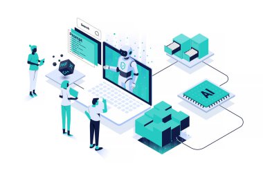Bir dizüstü bilgisayardan çıkan insansı yapay zeka asistanının modern izometrik çizimi dijital ofis ortamında insanlarla işbirliği yapıyor. Sahne kod blokları, programlama dilleri, sinirsel ağ çipi, bulut veri deposu gibi unsurları içerir