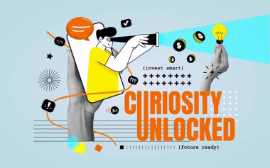 Moda kolaj poster harmanlama finans, yapay zeka ve yenilik temaları. Cesur karakterler, 3 boyutlu elementler ve akıllı yatırım mesajı içeren canlı bir stil. Dijital projeler için mükemmel.