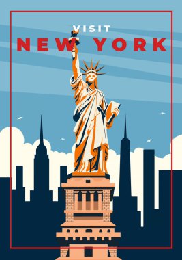 New York şehrinin renkli bir geçmişe dönüş posteri. Arka planda modern bir silueti olan ikonik Özgürlük Heykeli var. Kalın pop sanatları tarzında tasarlanan bu klasik illüstrasyon duvar sanatı, editör projeleri ve seyahat için mükemmeldir.