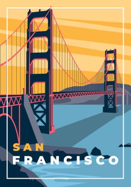 San Francisco 'nun cesur bir geçmişe yolculuk posteri, ikonik Golden Gate Köprüsü' nü canlı pop sanat tarzıyla sergiliyor. Bu klasik eserler California 'nın ruhunu ve dünyanın en ünlü simgelerinden birinin cazibesini yansıtıyor. Vektör
