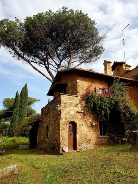 İtalya, Toskana 'da çam ağacı ve eski taş ev.