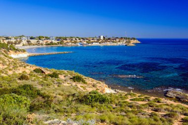 Summer landscape, sunny day at sea in Spain on the Mediterranean coast of Costa Blanca, Campoamor, Orihuela Costa