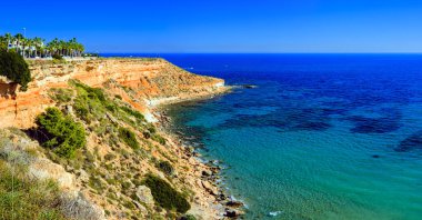 Summer landscape, sunny day at sea in Spain on the Mediterranean coast of Costa Blanca, Campoamor, Orihuela Costa