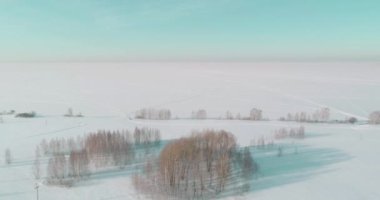 Soğuk kış kutup bölgesinin insansız hava görüntüsü, ufukta karla kaplı ağaçlar, buz nehri ve güneş ışınları. Aşırı düşük sıcaklık havası.