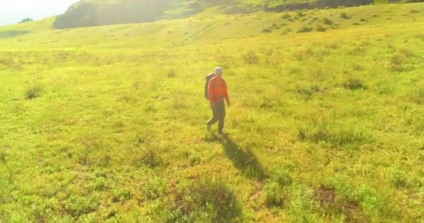 空中4K Uhdビュー 緑の山のフィールドを歩いて若い男の観光客の上に低高度飛行 夏の日に巨大な田舎の谷と日当たりの良い牧草地 リュックハイキング男 — ストック動画