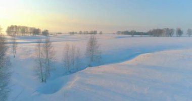 Soğuk kış kutup bölgesinin insansız hava görüntüsü, ufukta karla kaplı ağaçlar, buz nehri ve güneş ışınları. Aşırı düşük sıcaklık havası. Sibirya