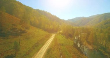 4K hava bakış açısı. Güneşli yaz sabahında, taze, hızlı dağ nehri üzerinde kayalıklarla alçak irtifa uçuşu. Yeşil çam ağaçları ve güneş ışınları. Saf soğuk su akıntısı.