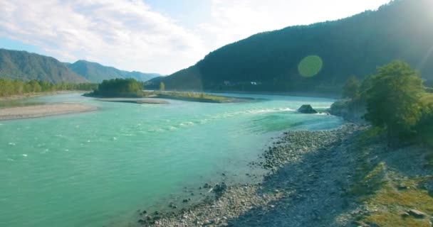 Hava Bakış Açısı Güneşli Yaz Sabahında Taze Hızlı Dağ Nehri — Stok video