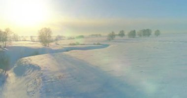 Soğuk kış kutup bölgesinin insansız hava görüntüsü, ufukta karla kaplı ağaçlar, buz nehri ve güneş ışınları. Aşırı düşük sıcaklık havası.