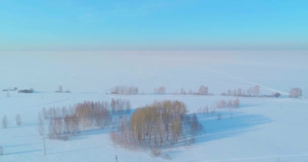 无人机俯瞰着寒冷的冬季风景北极田野 覆盖着霜雪 冰河和地平线上的太阳光的树木 极端低温天气 — 图库视频影像