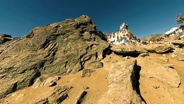 360 Gokyo Hegytető Tibeti Ima Buddhista Zászló Vad Himalája Magaslati — Stock videók