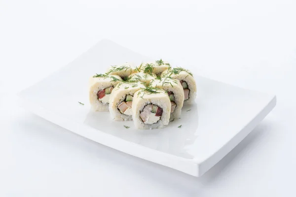 Sushi Seti Beyaz Arka Plan Kompozisyon Japon Gıda Restoran Sushi — Stok fotoğraf