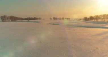 Soğuk kış kutup bölgesinin insansız hava görüntüsü, ufukta karla kaplı ağaçlar, buz nehri ve güneş ışınları. Aşırı düşük sıcaklık havası. Sibirya