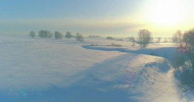 Soğuk kış kutup bölgesinin insansız hava görüntüsü, ufukta karla kaplı ağaçlar, buz nehri ve güneş ışınları. Aşırı düşük sıcaklık havası.