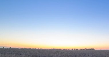4K UHD düz tepe çayırlık zaman dilimi yaz gündoğumu zamanı. Vahşi doğa ve kırsal çimler. Güneş ışınları ve yeşil ağaçlar. Motorlu doli kaydırma ve panorama hareketi