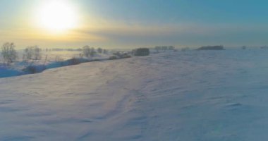 Soğuk kış kutup bölgesinin insansız hava görüntüsü, ufukta karla kaplı ağaçlar, buz nehri ve güneş ışınları. Aşırı düşük sıcaklık havası.