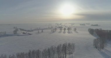 Soğuk kış kutup bölgesinin insansız hava görüntüsü, ufukta karla kaplı ağaçlar, buz nehri ve güneş ışınları. Aşırı düşük sıcaklık havası.