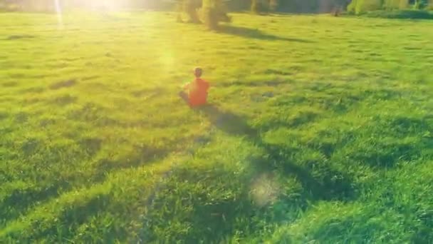 Uhd Hava Görüntüsü Yeşil Çimlerde Spor Yogacısı Üzerinde Alçak Irtifa — Stok video