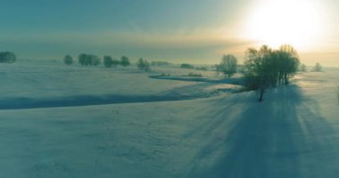 Soğuk kış kutup bölgesinin insansız hava görüntüsü, ufukta karla kaplı ağaçlar, buz nehri ve güneş ışınları. Aşırı düşük sıcaklık havası.