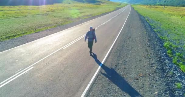 空中4K Uhdビュー アスファルトの道路を歩くヒッチハイカーの観光客の上に低高度のフライト 夏の日に巨大な田舎の谷と日当たりの良い牧草地 リュックハイキング男 — ストック動画