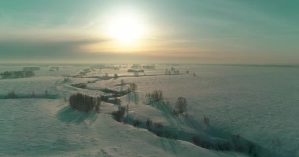 지방의 풍경을 공중에서 수있었고 서리가 내리는 얼음이 흐르는 광선으로 나무들을 — 비디오