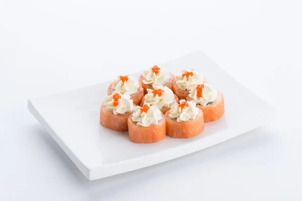 Набір Суші Композицію Білому Тлі Ресторан Японської Кухні Суші Макі Ліцензійні Стокові Зображення