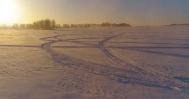Arktik çayırlı soğuk kış manzarası, karla kaplı ağaçlar ve ufukta sabah güneşleri. Aşırı hava.