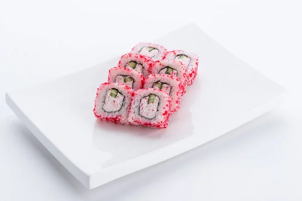 Set Sushi Compoziție Fundal Alb Restaurant Alimentar Japonez Sushi Maki — Fotografie, imagine de stoc