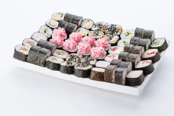 Набір Суші Композицію Білому Тлі Ресторан Японської Кухні Суші Макі Стокове Зображення
