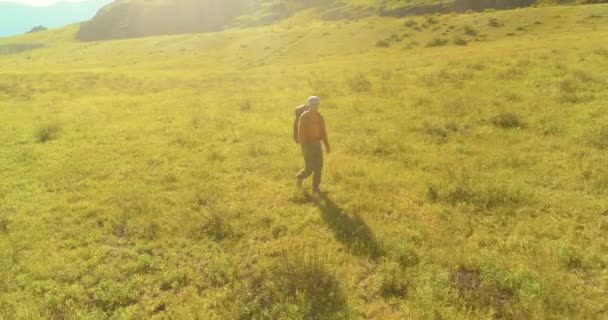Hava Uhd Görüntüsü Yeşil Dağ Tarlasında Yürüyen Genç Turist Üzerinde — Stok video