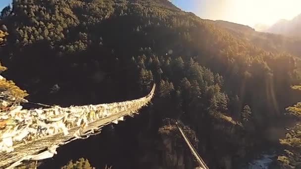 Largest Suspension Bridge Khumbu Valley Colorful Tibetan Prayer Flags Wild — Stock Video