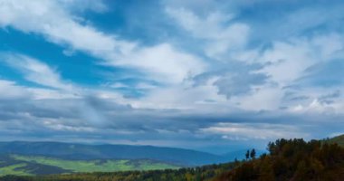 Dağ Gölü yaz ya da sonbahar zamanında zaman atlaması. Vahşi doğa ve kırsal alan. Hızlı bulutlar, yeşil çimenler ve dramatik gökyüzü. Motorlu doli kaydırma hareketi