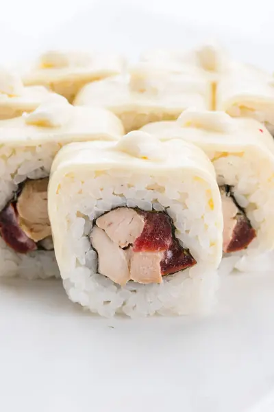 Sushi Szett Összetétele Fehér Háttér Előtt Japán Étterem Sushi Maki — Stock Fotó